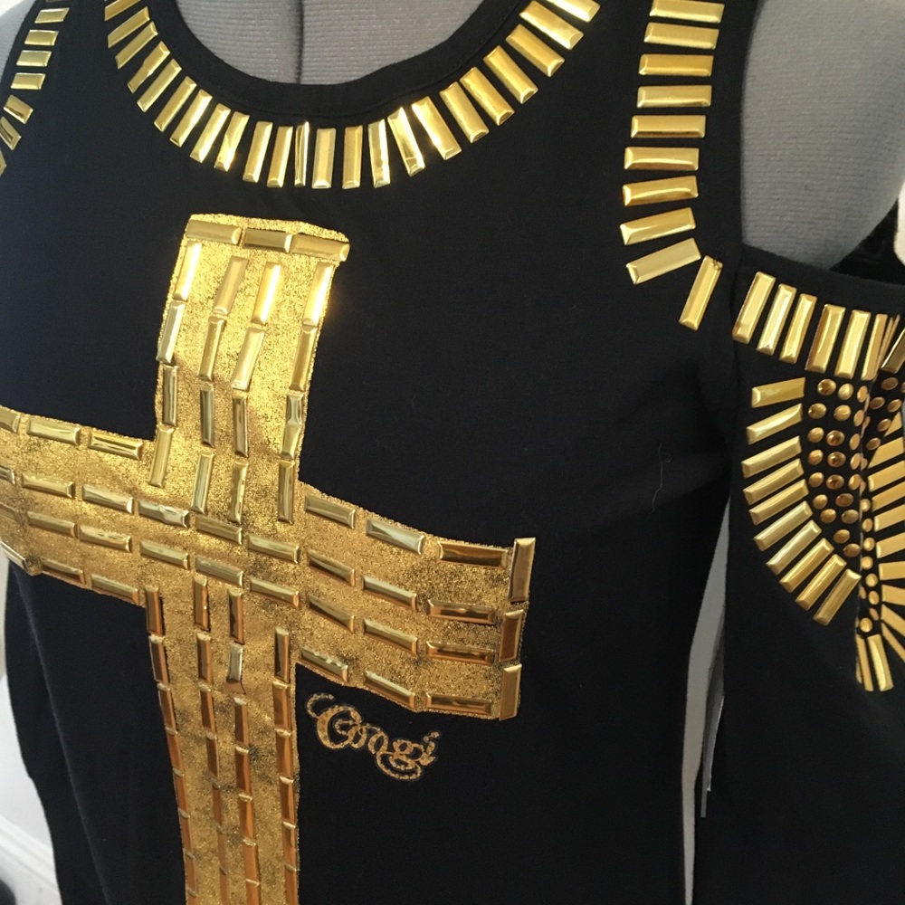 NWT hard to find CooGi black/gold design cold shoulder long sleeve top M. - Picture 2 of 9
